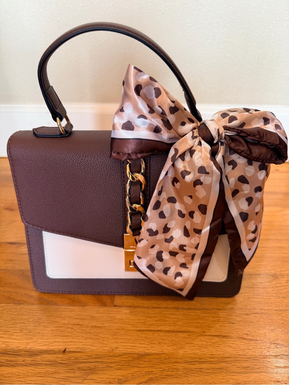 Aldo Brown and White Top-Handle Women's Bag with Bow Accent